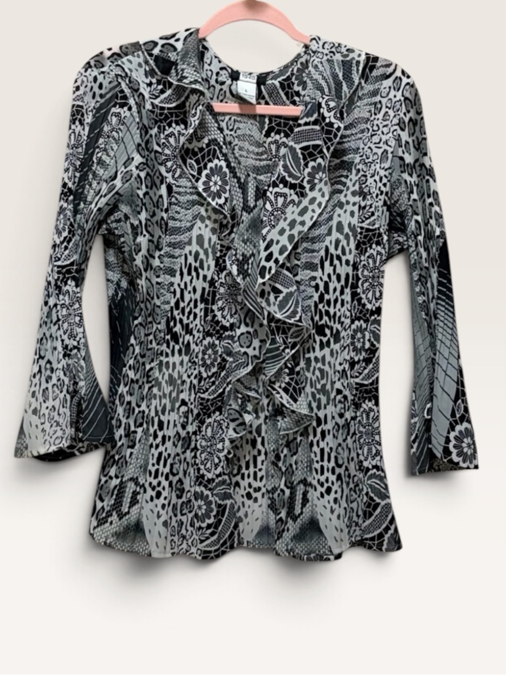 Studio 1940 Mixed Animal Floral Print Ruffle Blouse Black White L